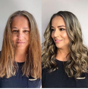 Antes e depois de colora&ccedil;&atilde;o e mechas loiras feitas pela cabeleireira em S&atilde;o Carlos