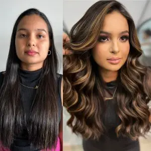 Antes e depois de mechas iluminadas feitas pela cabeleireira Vall Carvalho em S&atilde;o Carlos